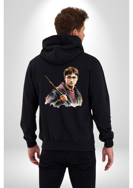 Sulu Boya Harry Potter Kadın Erkek Siyah Kapüşonlu Fermuarlı Baskılı Hırka Sweatshirt