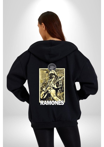 Ramones Rock Kulüp Kadın Erkek Siyah Kapüşonlu Fermuarlı Baskılı Hırka Sweatshirt fırsatları