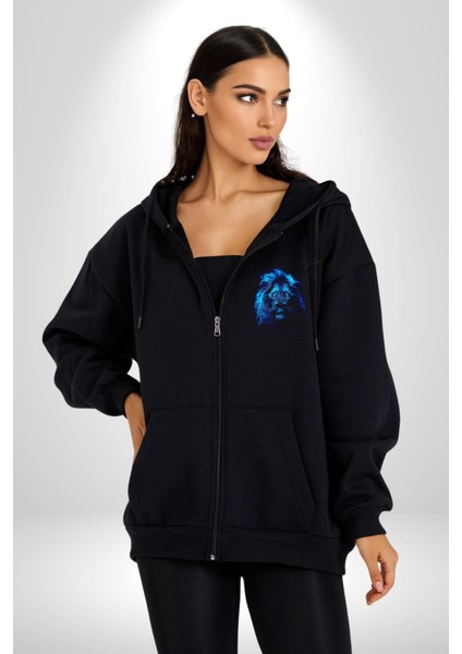 Aslan Mavi Gözlü Kadın Erkek Siyah Kapüşonlu Fermuarlı Baskılı Hırka Sweatshirt