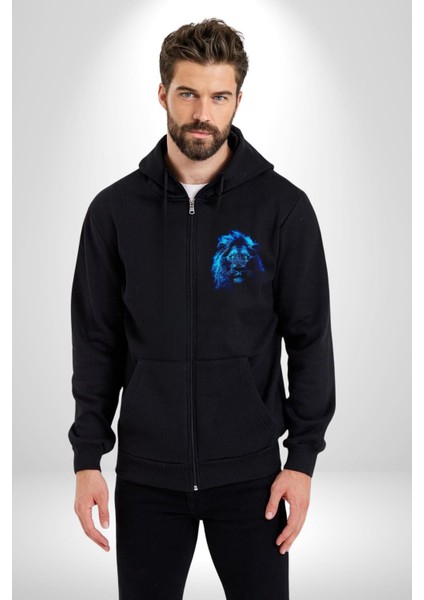 Aslan Mavi Gözlü Kadın Erkek Siyah Kapüşonlu Fermuarlı Baskılı Hırka Sweatshirt modelleri