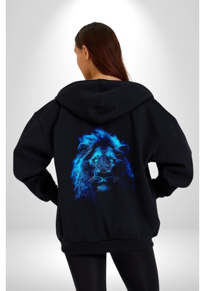 Aslan Mavi Gözlü Kadın Erkek Siyah Kapüşonlu Fermuarlı Baskılı Hırka Sweatshirt fırsatları