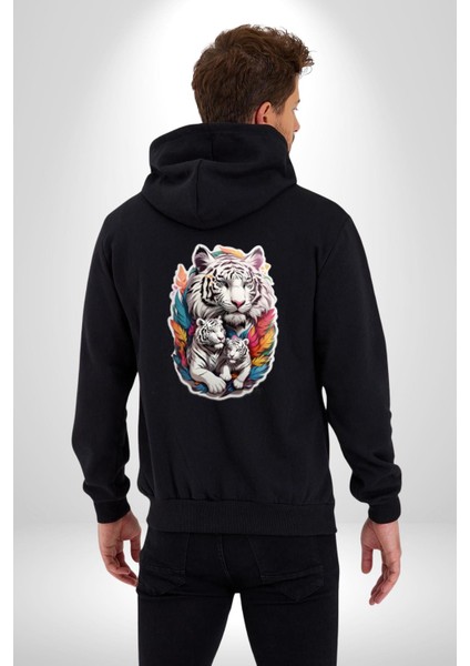 Beyaz Kaplan Ailesi Renkli Tüyler Kadın Erkek Siyah Renk Kapüşonlu Kanguru Cepli Fermuarlı Pamuklu Oversize Dijital Baskılı Hırka Sweatshirt