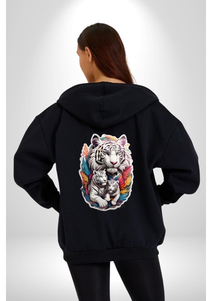 Beyaz Kaplan Ailesi Renkli Tüyler Kadın Erkek Siyah Renk Kapüşonlu Kanguru Cepli Fermuarlı Pamuklu Oversize Dijital Baskılı Hırka Sweatshirt