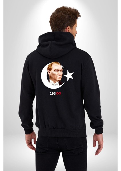 Atatürk Türk Bayrağı Sonsuzluk Kadın Erkek Siyah Kapüşonlu Fermuarlı Baskılı Hırka Sweatshirt fırsatları