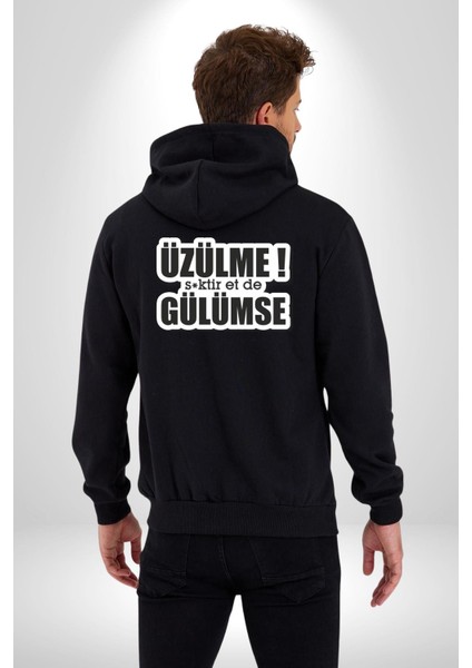 Üzülme Gülümse Yazılı Kadın Erkek Siyah Kapüşonlu Fermuarlı Baskılı Hırka Sweatshirt