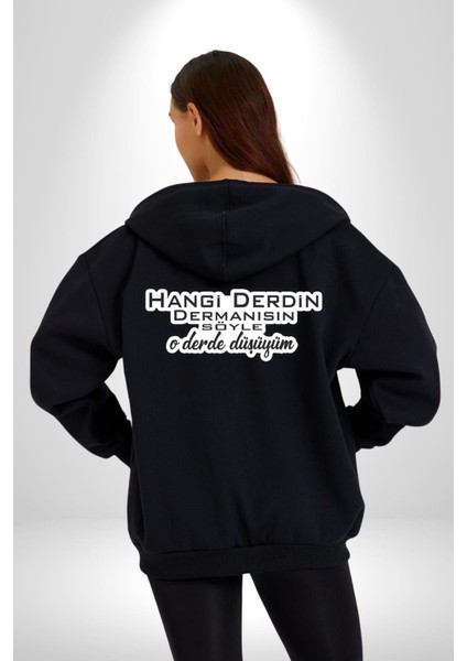 Hangi Derdin Dermanısın Söyle O Derde Düşüyüm Yazılı Kadın Erkek Siyah Kapüşonlu Fermuarlı Baskılı Hırka Sweatshirt fiyatları