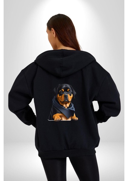 Puppy Köpek Rottweiler Kadın Erkek Siyah Renk Kapüşonlu Kanguru Cepli Fermuarlı Pamuklu Oversize Dijital Baskılı Hırka Sweatshirt modelleri