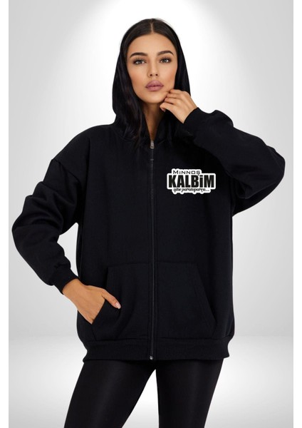 Minoş Kalbim Yine Paramparça Yazılı Kadın Erkek Siyah Kapüşonlu Fermuarlı Baskılı Hırka Sweatshirt