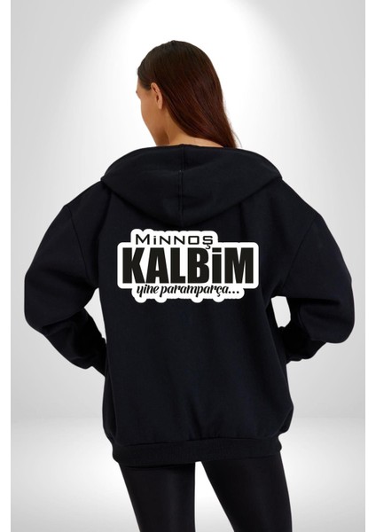 Minoş Kalbim Yine Paramparça Yazılı Kadın Erkek Siyah Kapüşonlu Fermuarlı Baskılı Hırka Sweatshirt