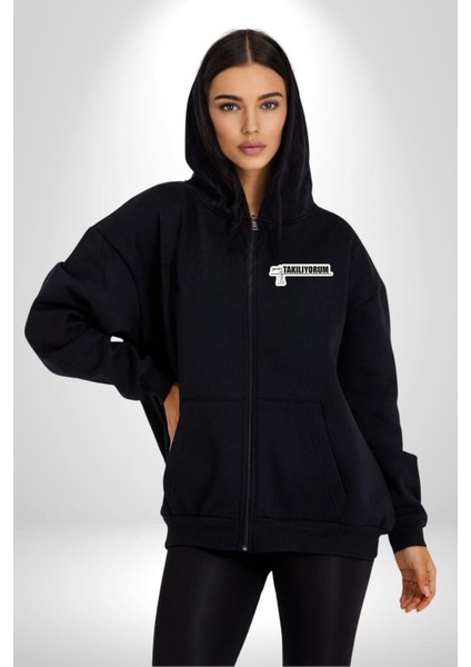 Yalnız Takılıyorum Yazılı Kadın Erkek Siyah Kapüşonlu Fermuarlı Baskılı Hırka Sweatshirt
