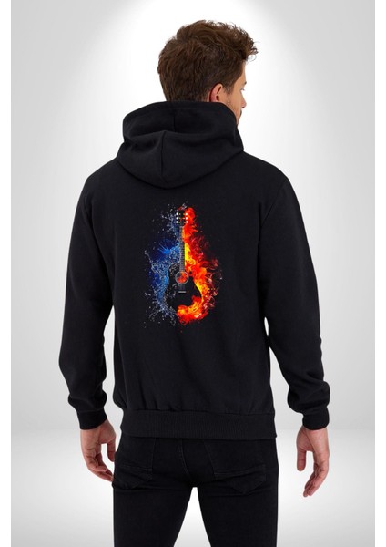 Ateşli Gitar Su ve Ateş Kadın Erkek Siyah Kapüşonlu Fermuarlı Baskılı Hırka Sweatshirt