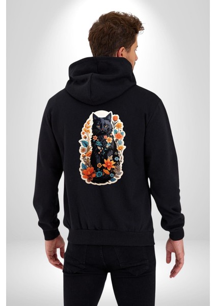 Çiçekli Siyah Kedi Etiket Kadın Erkek Siyah Renk Kapüşonlu Kanguru Cepli Fermuarlı Pamuklu Oversize Dijital Baskılı Hırka Sweatshirt