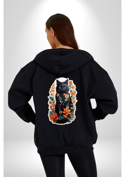 Çiçekli Siyah Kedi Etiket Kadın Erkek Siyah Renk Kapüşonlu Kanguru Cepli Fermuarlı Pamuklu Oversize Dijital Baskılı Hırka Sweatshirt