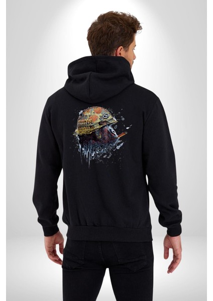 Kasket Miğfer Goril Savaşcı Kadın Erkek Siyah Renk Kapüşonlu Kanguru Cepli Fermuarlı Pamuklu Oversize Dijital Baskılı Hırka Sweatshirt