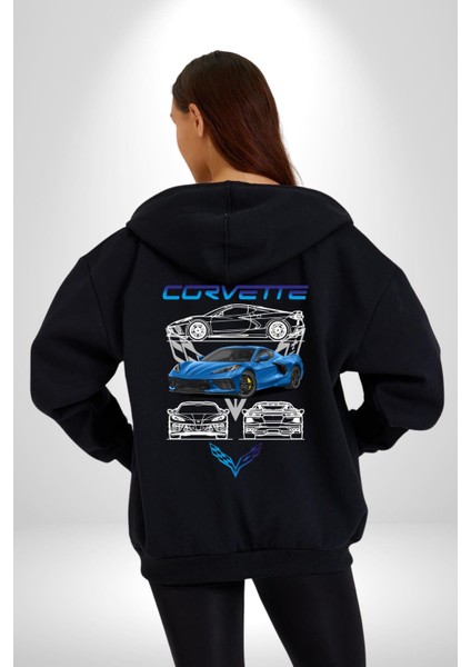 Chevrolet Corvette C8 Kadın Erkek Siyah Kapüşonlu Fermuarlı Baskılı Hırka Sweatshirt