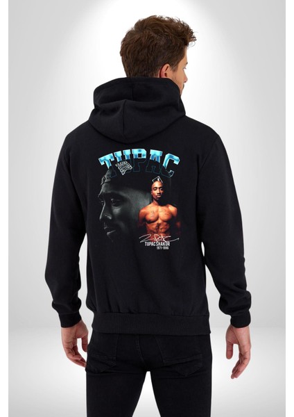 Tupac Müzik Kadın Erkek Siyah Kapüşonlu Fermuarlı Baskılı Hırka Sweatshirt fırsatları