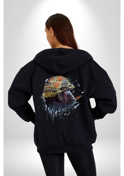 Kasket Miğfer Goril Savaşcı Kadın Erkek Siyah Renk Kapüşonlu Kanguru Cepli Fermuarlı Pamuklu Oversize Dijital Baskılı Hırka Sweatshirt