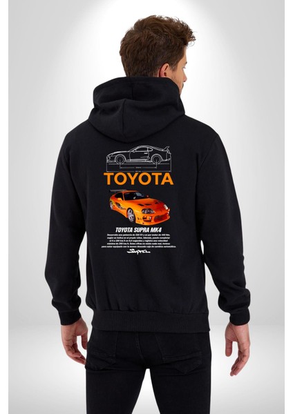 Toyota Supra Mk Iv Kadın Erkek Siyah Kapüşonlu Fermuarlı Baskılı Hırka Sweatshirt