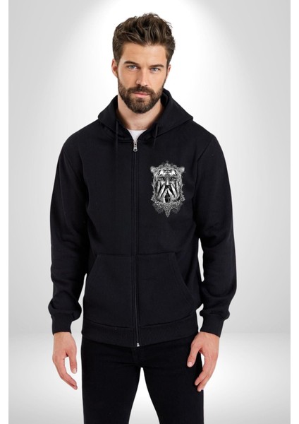 Yarım Insan Yarım Leopar Mutant Leopar Kral Kadın Erkek Siyah Renk Kapüşonlu Kanguru Cepli Fermuarlı Pamuklu Oversize Dijital Baskılı Hırka Sweatshirt