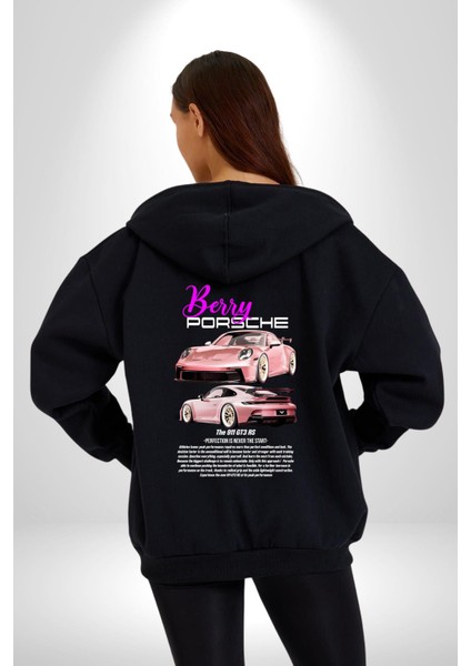 Berry Porsche 911 Gt3 Rs Kadın Erkek Siyah Kapüşonlu Fermuarlı Baskılı Hırka Sweatshirt