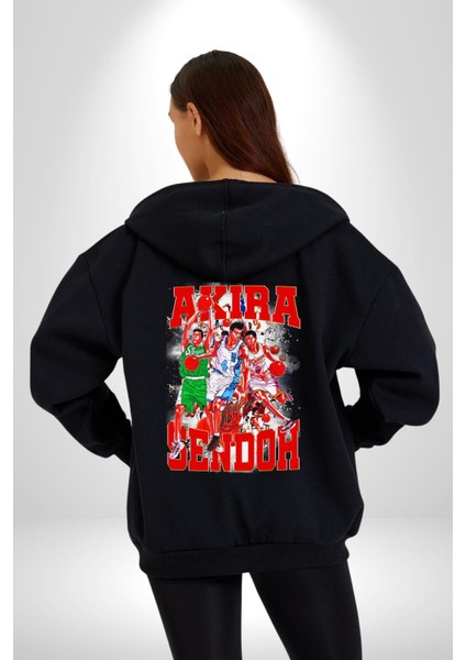 Basketbol Akira Sendoh Anime Slam Dunk Karakter Kadın Erkek Siyah Kapüşonlu Fermuarlı Baskılı Hırka Sweatshirt