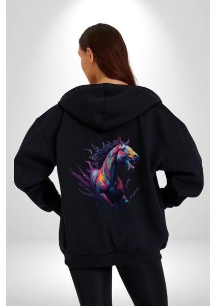 Renkli At Koşu Kadın Erkek Siyah Renk Kapüşonlu Kanguru Cepli Fermuarlı Pamuklu Oversize Dijital Baskılı Hırka Sweatshirt modelleri