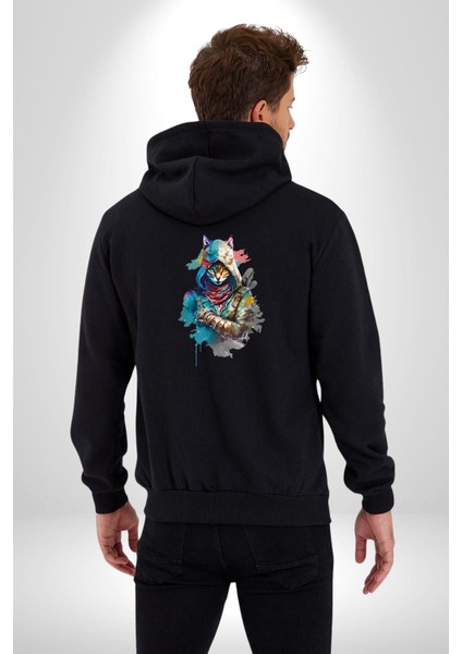 Kedi Assassin's Creed Kadın Erkek Siyah Renk Kapüşonlu Kanguru Cepli Fermuarlı Pamuklu Oversize Dijital Baskılı Hırka Sweatshirt