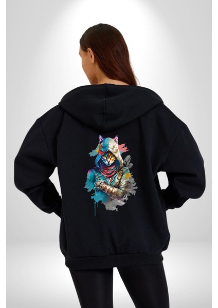 Kedi Assassin's Creed Kadın Erkek Siyah Renk Kapüşonlu Kanguru Cepli Fermuarlı Pamuklu Oversize Dijital Baskılı Hırka Sweatshirt