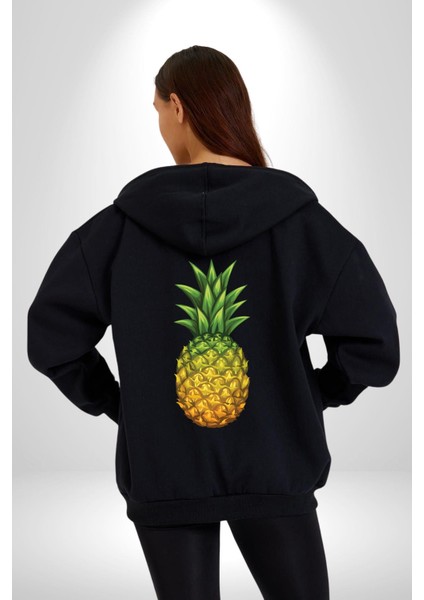 Ananas Meyve Kadın Erkek Siyah Renk Kapüşonlu Kanguru Cepli Fermuarlı Pamuklu Oversize Dijital Baskılı Hırka Sweatshirt modelleri