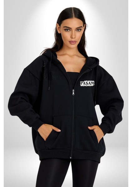 Bizde Kaçan Kovalanmaz Paşam Gelen Ağırlanır Giden Uğurlanır Yazılı Kadın Erkek Siyah Kapüşonlu Fermuarlı Baskılı Hırka Sweatshirt