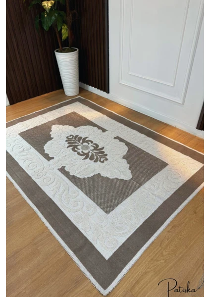 Özlü Home Patiska Yıkanabilir Kaymaz Dekoratif Osmanlı Desen Pamuk Bukle Kilim Kahverengi