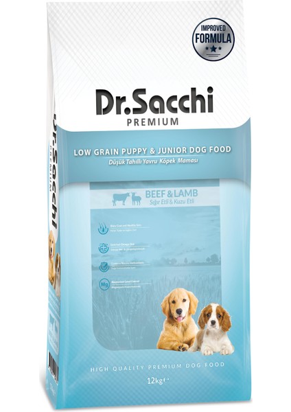 Dr.Sacchi Premium Düşük Tahıllı Sığır Etli ve Kuzu Etli Yavru Köpek Maması 12 Kg