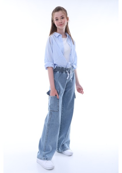 Kız Çocuk Oversize Kargo Cepli %100 Pamuk Denim Beli Lastikli Buz Mavi Kot PANTOLON-PNT-2043 fiyatları