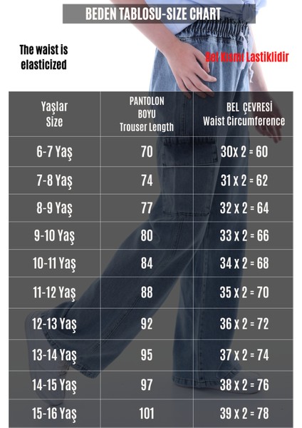 Kız Çocuk Oversize Kargo Cepli %100 Pamuk Denim Beli Lastikli Buz Mavi Kot PANTOLON-PNT-2043 modelleri