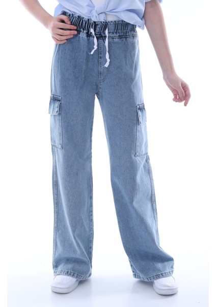 Kız Çocuk Oversize Kargo Cepli %100 Pamuk Denim Beli Lastikli Buz Mavi Kot PANTOLON-PNT-2043 indirimleri