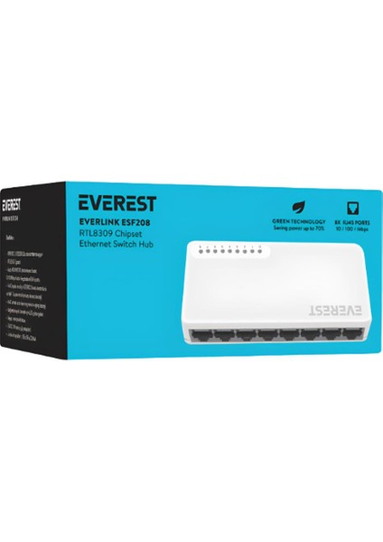 Everest Everlink ESF208 8 Port 10/100MBPS RTL8309 Ethernet Masaüstü Switch Hub