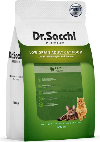 Dr. Sacchi Premium Düşük Tahıllı Kuzu Etli Yetişkin Kedi Maması 1 kg