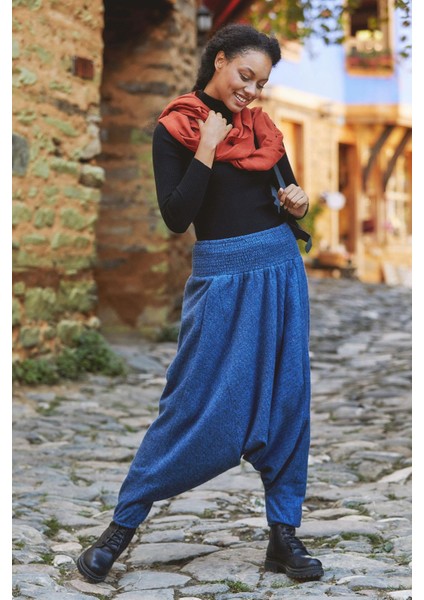 Gipe Bel Detaylı Kışlık Kadın Indigo Şalvar Pantolon