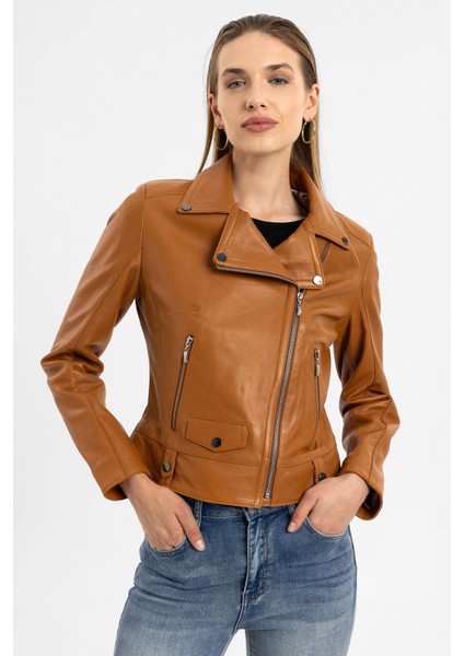 Viski Merlot Çıt Çıt Detaylı Yandan Fermuarlı Biker Motorcu Hakiki Deri Kadın Mont