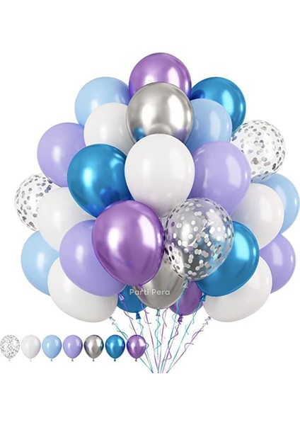 40ADET Balon Makaron Lila Mavi Beyaz Krom Mavi Gümüş Konfetili Balon Zincir Seti Doğum Günü Balon Seti