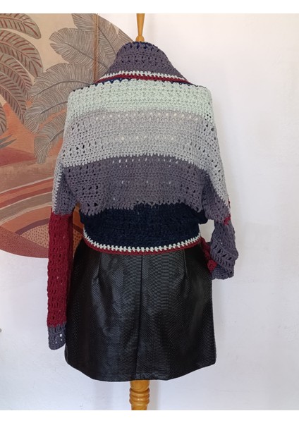 Smart Casual Çizgili Çok Renkli Çift Yönlü Giyilen El Örgüsü Ceket Hırka