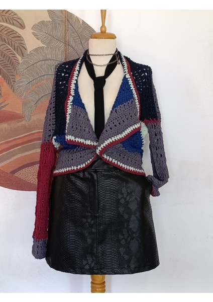 Smart Casual Çizgili Çok Renkli Çift Yönlü Giyilen El Örgüsü Ceket Hırka