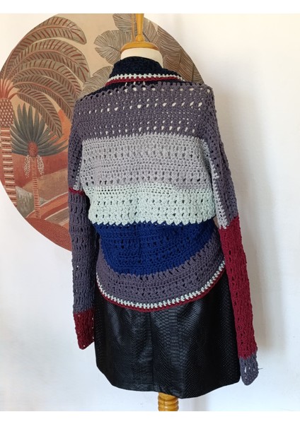 Smart Casual Çizgili Çok Renkli Çift Yönlü Giyilen El Örgüsü Ceket Hırka