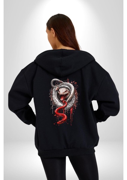 Beyaz ve Kırmızı Yılan Kadın Erkek Siyah Renk Kapüşonlu Kanguru Cepli Fermuarlı Pamuklu Oversize Dijital Baskılı Hırka Sweatshirt modelleri