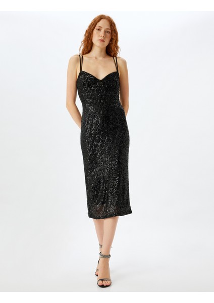 Abiye Elbise Pullu Payetli Midi Yırtmaç Detaylı Askılı Kalp Yaka Slim Fit modelleri