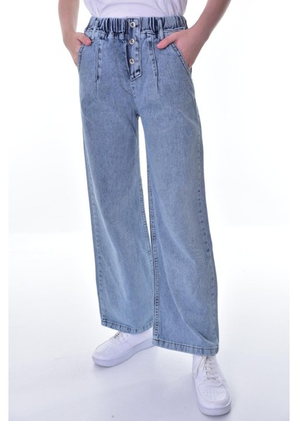 Kız Çocuk %100 Pamuk Beli Lastikli Geniş Kesim Buz Mavi Kot PANTOLON-PNT-2041