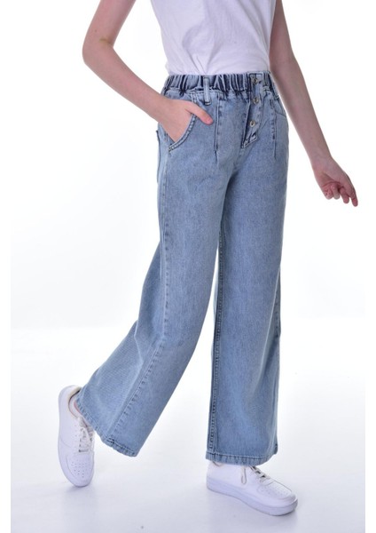 Kız Çocuk %100 Pamuk Beli Lastikli Geniş Kesim Buz Mavi Kot PANTOLON-PNT-2041 fiyatları