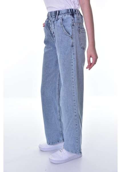 Kız Çocuk %100 Pamuk Beli Lastikli Geniş Kesim Buz Mavi Kot PANTOLON-PNT-2041 fırsatları