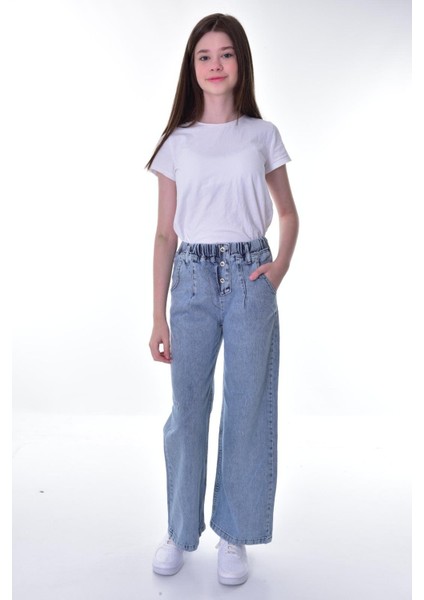 Kız Çocuk %100 Pamuk Beli Lastikli Geniş Kesim Buz Mavi Kot PANTOLON-PNT-2041 indirimleri