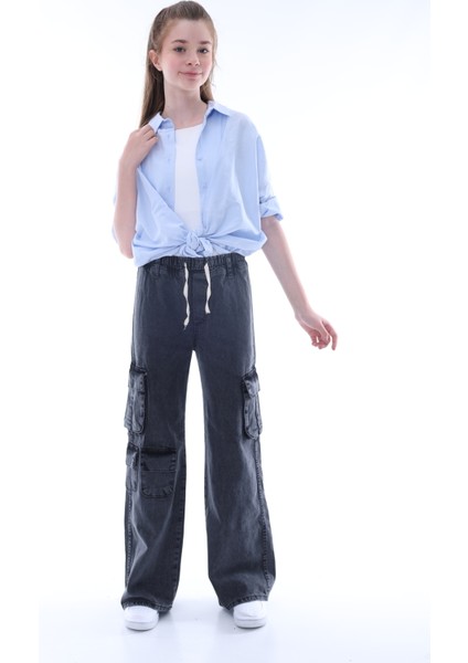 Kız Çocuk %100 Pamuk Oversize Geniş Kesim Kargo Cepli Füme Kot PANTOLON-PNT-2042 fiyatları